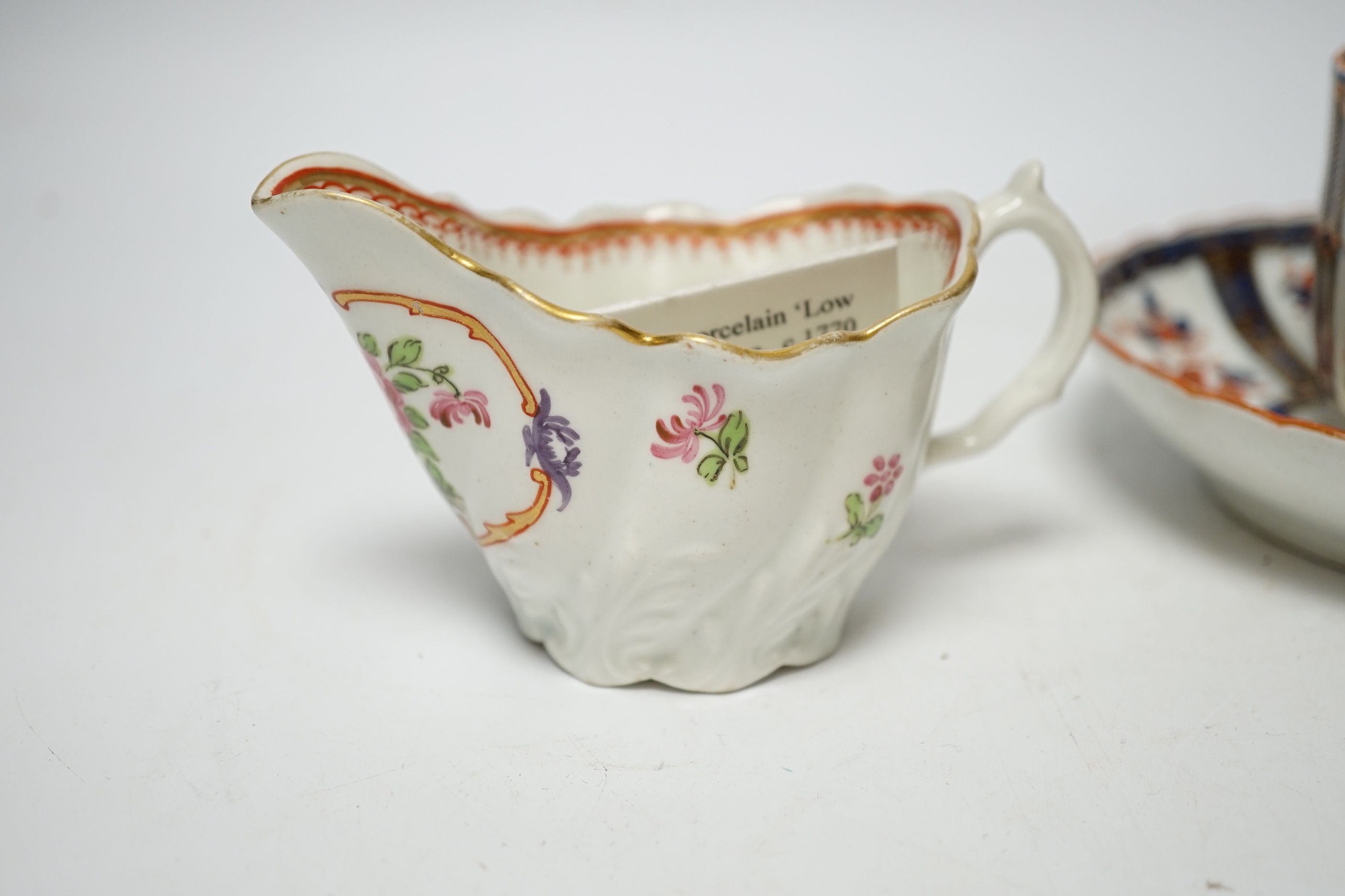 A Worcester carnation pattern dessert dish c. 1770, Royal Lily pattern saucer dish, two sugar bowls and a Plantation pattern saucer